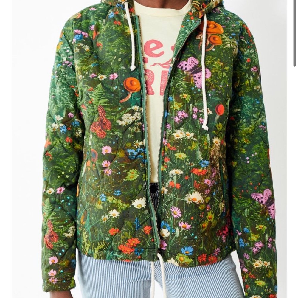 MOTHER Green Floral Quilted Bomber Jacket with Multicolor Accents